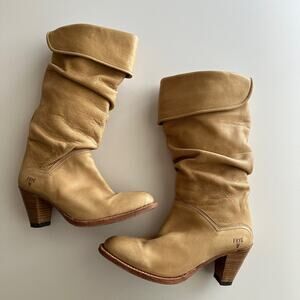 Frye Dorado Made in Spain Western Cuffed Slouch Wood Heeled High Tan Boots 8